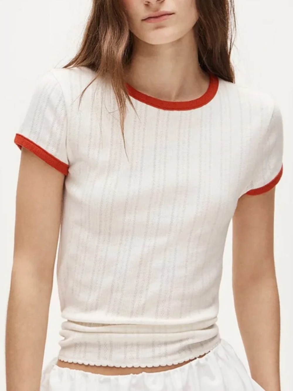 J. Crew White Pointelle Ringer Tee with Red